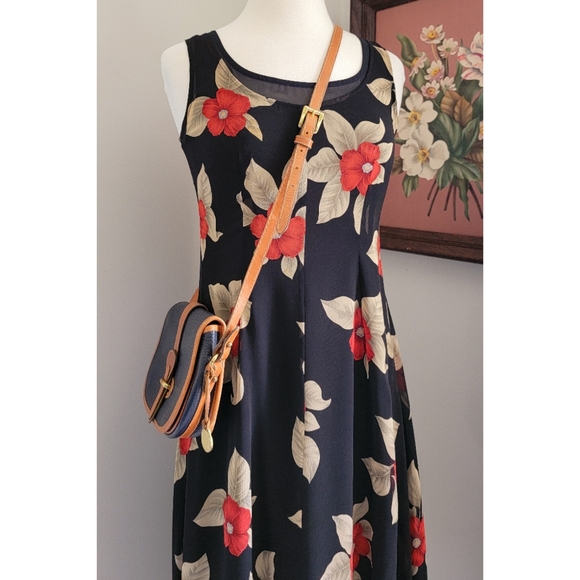 90s Black Floral Silk Scoop Neck 1990s Vintage Fully Lined Sleeveless Midi Dress - Picture 3 of 14